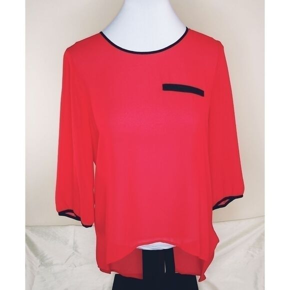 A. Buyer Hi/Low Red & Black Sheer Top - Picture 2 of 7